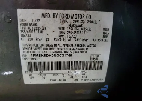 2022 Ford Explorer Xlt z USA, uszkodzony, nr VIN 1FMSK8DH0NGC31749